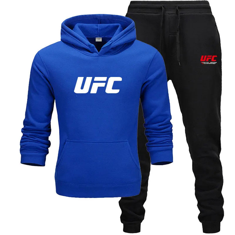 Новинка, UFC, Осень-зима,, мужские комплекты, толстовка+ штаны, два предмета в комплекте, повседневный спортивный костюм, мужская спортивная одежда - Цвет: Blue-B black-R