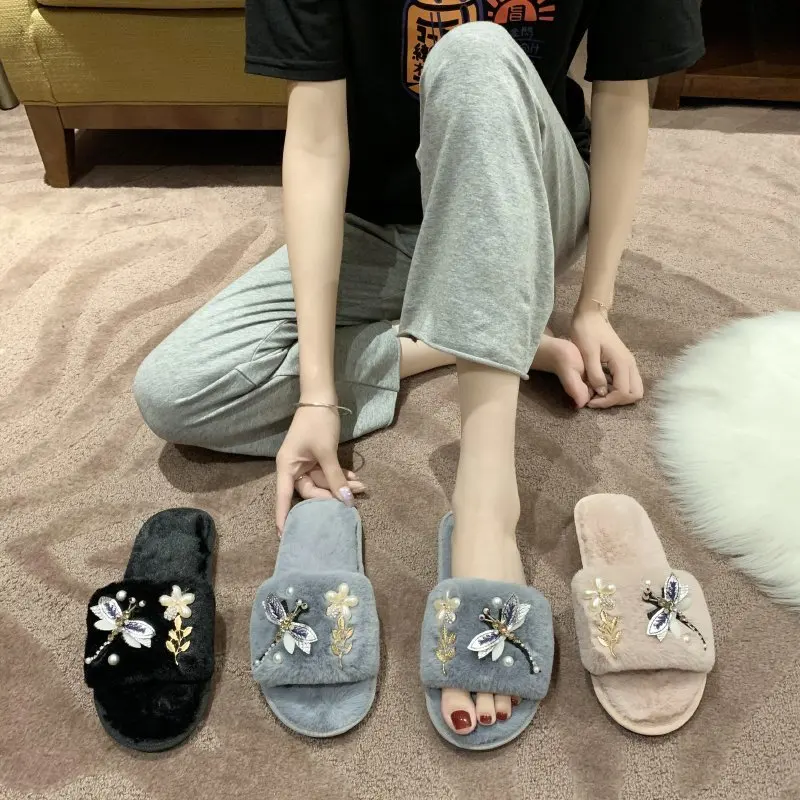 2021 Fashion Women Pearl Slippers Autumn Furry Shoes Family Indoor Fur Soft Slip On Slides Lady Non-Slip Felt Flat Home | Обувь