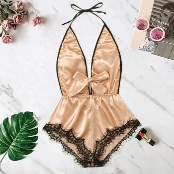

Sexy Lingerie Women Satin Babydoll Teddy Deep V Splice Lace Bow Halter Backless Sleepwear Pajamas Underwear Langerie Costumes