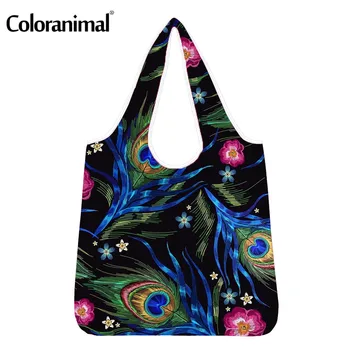 

Coloranimal Brand Design Women Shopper Bags Grocery Bag Pretty Peacock Feather Print Eco-Friendly Bag for Lady Protable Tote Bag