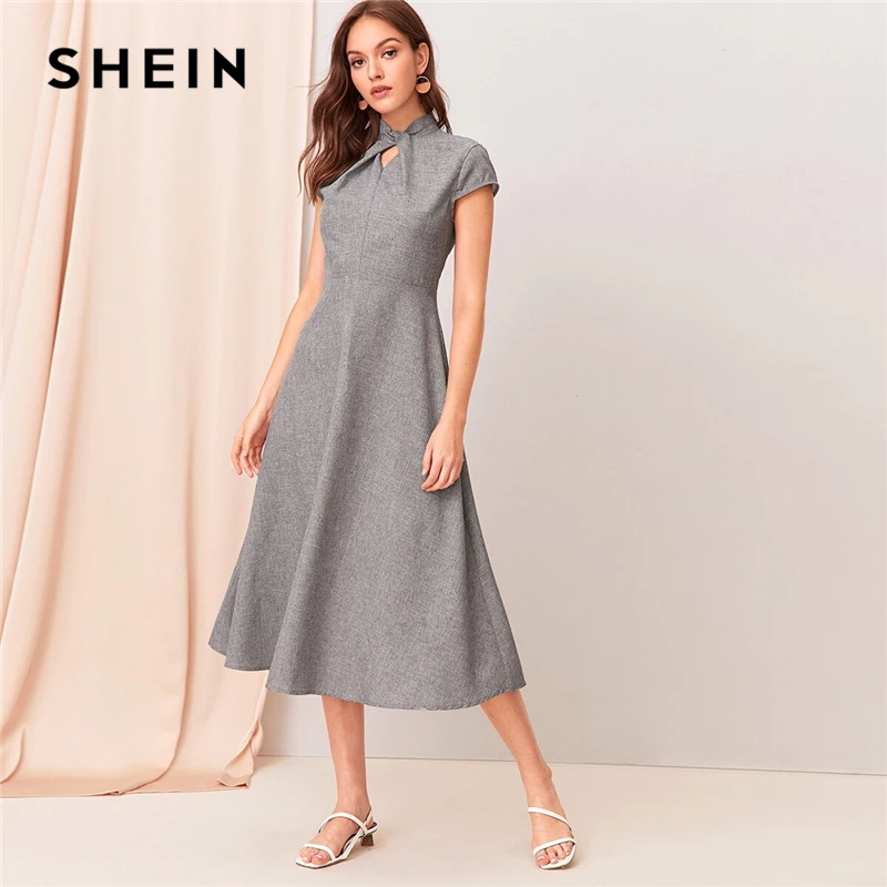 SHEIN, серое, с вырезом, с закручивающимся спереди, с коротким рукавом, расклешенное длинное платье для женщин, летнее, с воротником-стойкой, на молнии, сзади, элегантное платье трапециевидной формы