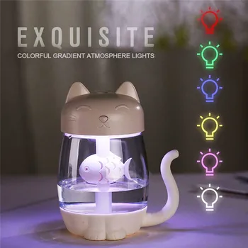 

350ML 3 IN 1 USB Mini Cat Air Humidifier Ultrasonic Cool-Mist Adorable Humidifier With 7 Color LED Light Fan 20#1129