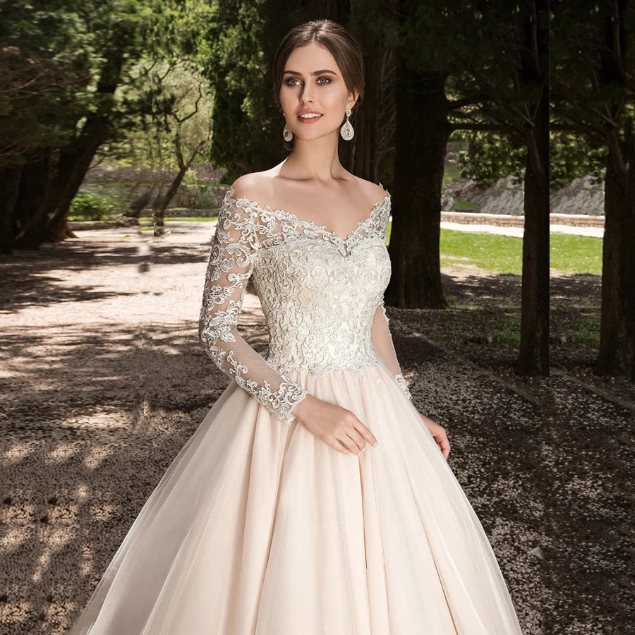 Eleagnt арабское свадебное платье с длинными рукавами Robe De Mariage кружевное Тюлевое свадебное платье с v-образным вырезом Vestido De Novia