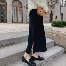 Женская юбка, однотонная, высокая, эластичная, приталенная, прямая, теплая, с разрезом, для девочек, длинная юбка, Осень-зима, повседневная, вязаная, юбка# es