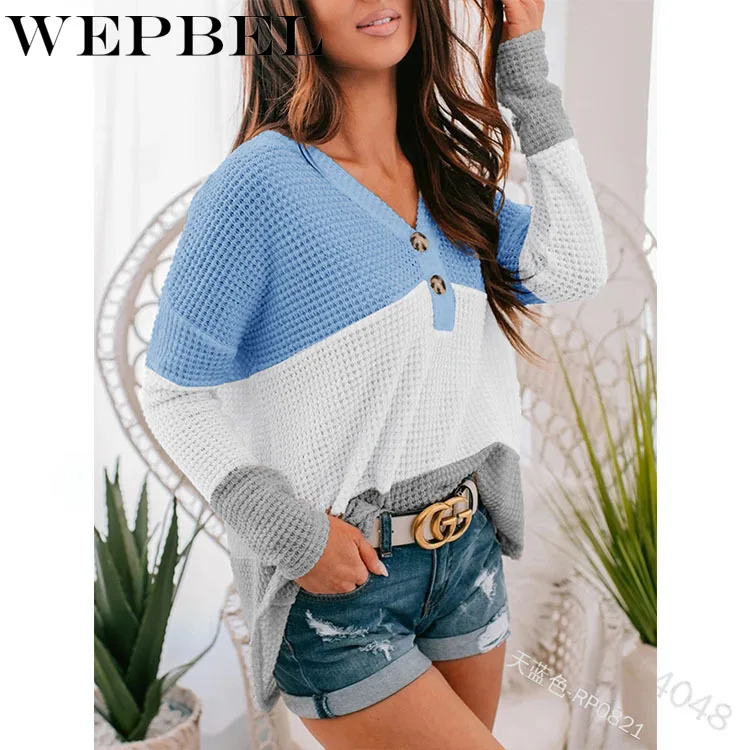 

WEPBEL Autumn Winter Fashion V-neck Long Pullover Knitwear Women's Casual Loose Long Sleeve Stitching Button Pullover Sweater