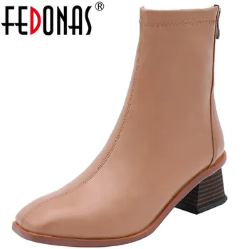 

FEDONAS Quality Vintage Genuine Leather Women's Boots Back Zipper Square Toe Thick High Heels Pumps Party Casual Shoes Woman