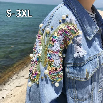

Studded Pearl & Sequin Denim Jacket Women Jeans Jacket Vintage 80s Oversize Long Sleeve Basic Jackets Plus Size 5XL