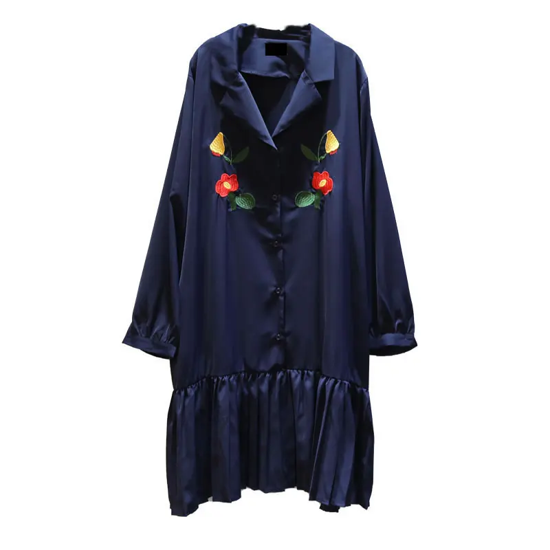 dark blue WQR2019 XITAO/платье с цветочной вышивкой, женское Плиссированное корейское модное осеннее платье-пуловер года, платье с отложным воротником в стиле миноритари WQR2019 - Цвет: dark blue WQR2019