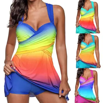 

Women Rainbow Tankini Set Swimdress Summer Plus Size High Waist Sexy Push Up Paded Swimsuit Crisscross Printed Strips Swimwear