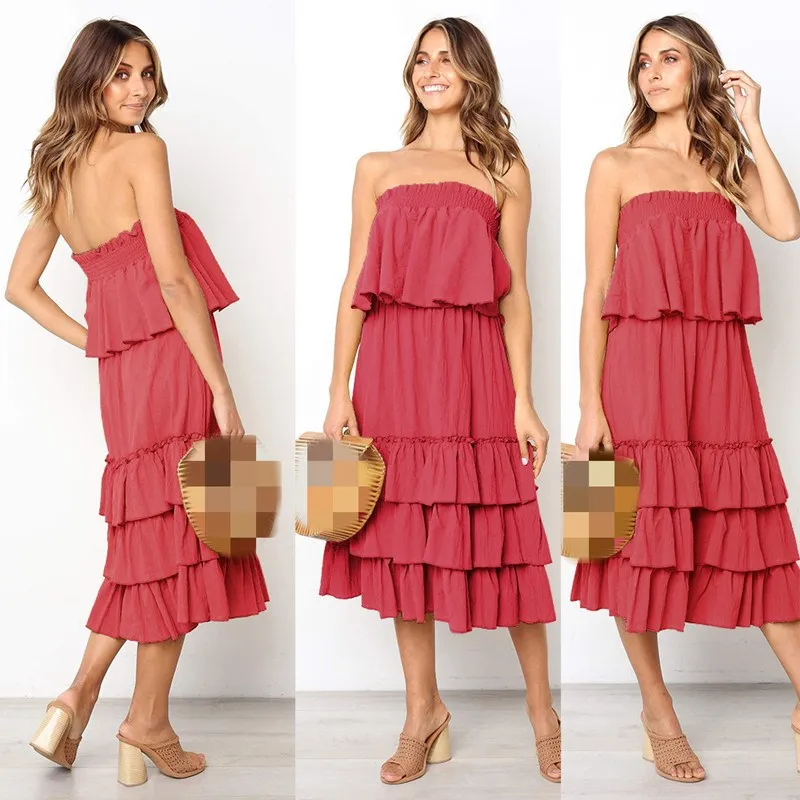

Nice Boho Loose Summer Women Cake Dress Nice Elegant Off Shoulder Holiday Beach Dress Ruffle Solid Strapless Midi Dress