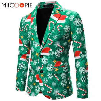 

2019 Christmas Pattern Green Men Blazer Suit Fashion Funny 3D Print Blazers Men Jacket Turndown Collar Slim Fit Blaser Masculino