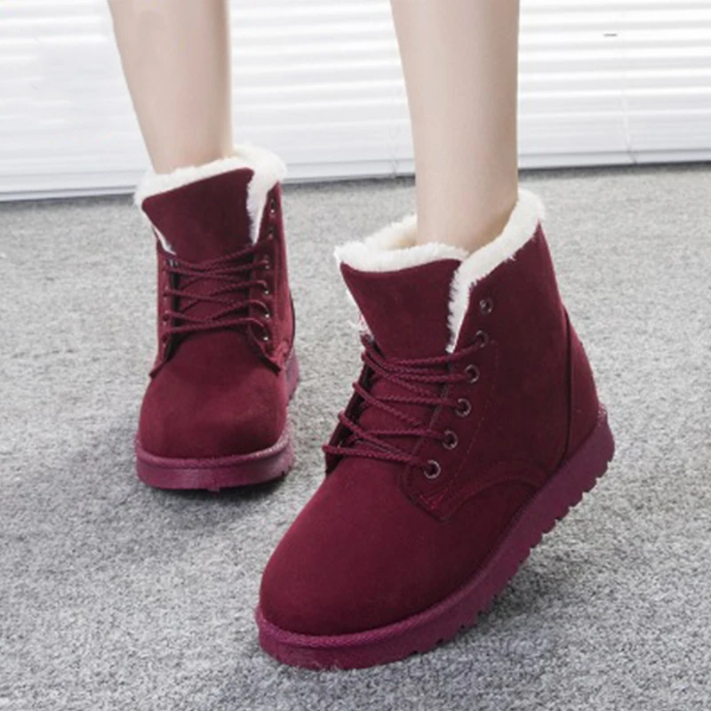 Dark Red Женская прогулочная обувь; женские ботинки; теплые зимние ботинки; Mujer Botas; ботильоны на меху со шнуровкой; женские кроссовки; Уличная обувь - Цвет: Dark Red