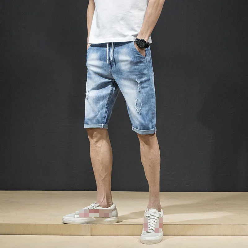 Men vintage Ripped Jeans Knee Length Short Casual Loose Bermuda Retro Holes Straight Denim shorts New Streetwear Summer Men vintage Ripped Jeans Knee Length Short Casual Loose Bermuda Retro Holes Straight Denim shorts New Streetwear Summer