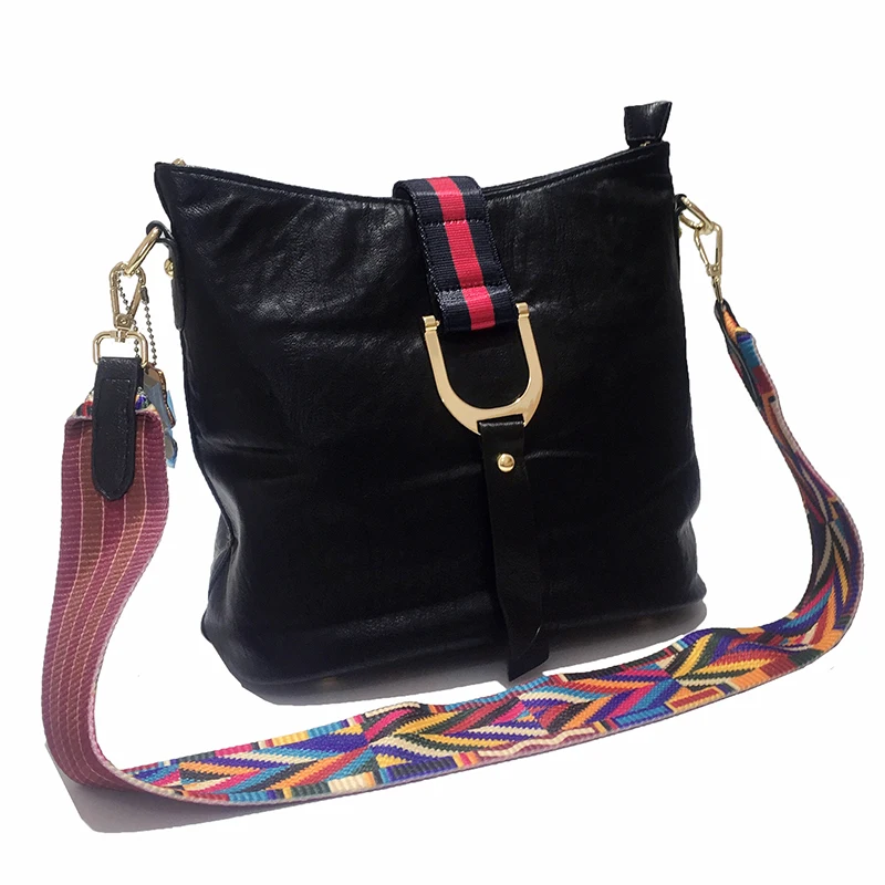 

Lambskin Simple Diagonal Crossbody Bag Wide Shoulder Strap Casual Boho Embroidered Shoulder Bag High Capacity Bucket Bag