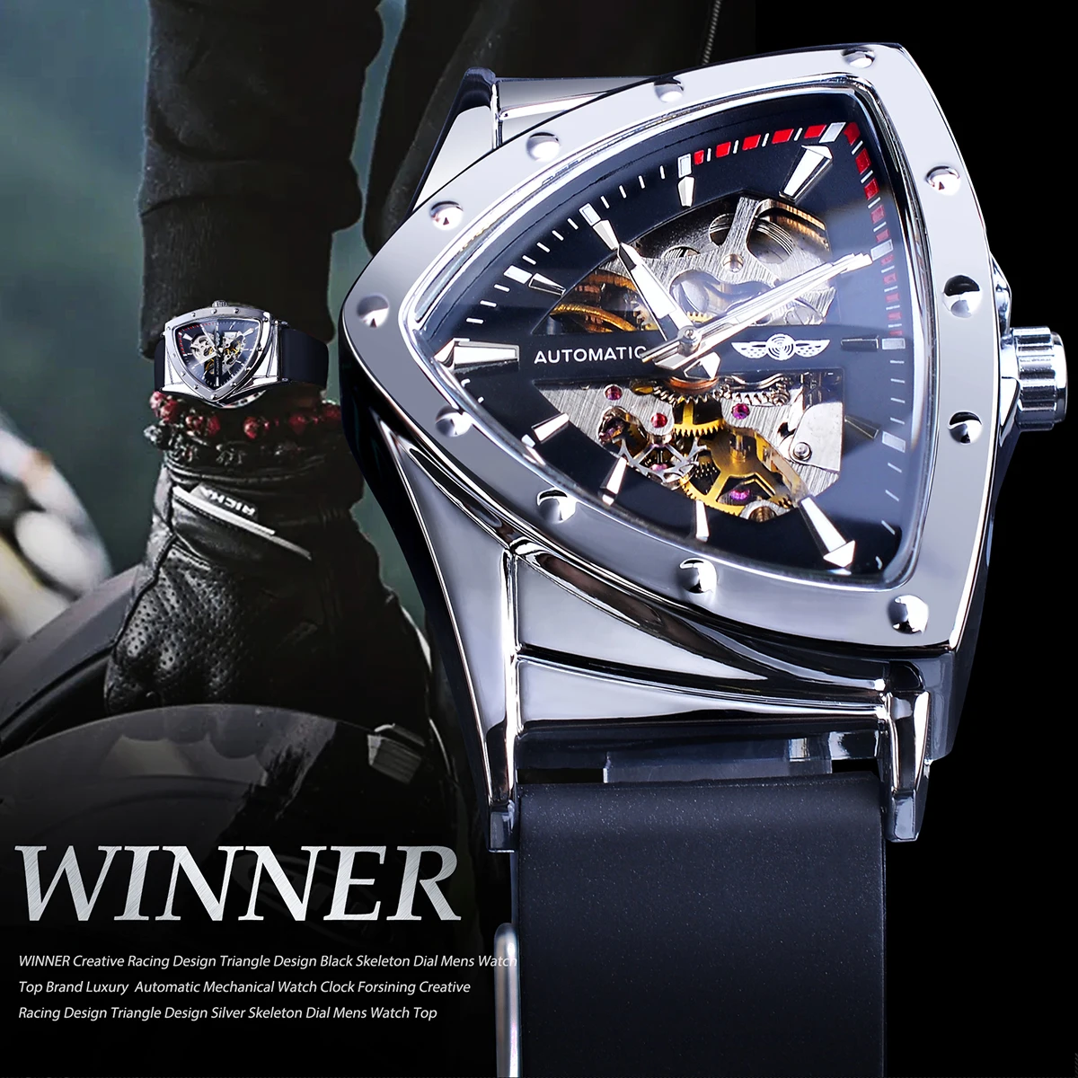 WINNER Sport Style Men's Watches Transparent Mechanical Watch Triangle Automatic Military Wristwatch With Luminous Pointers