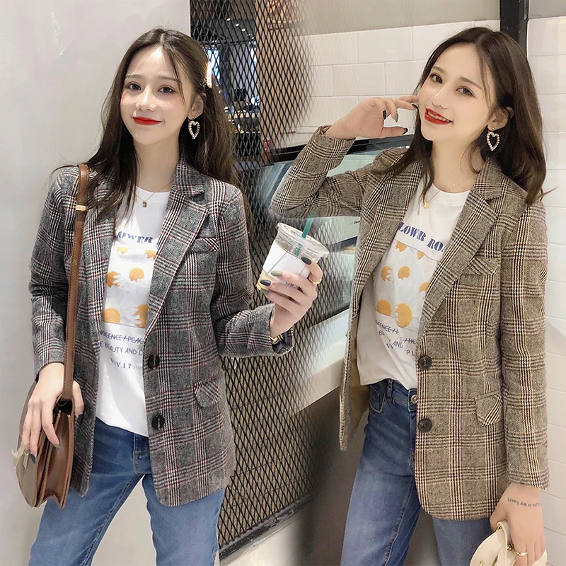 

England Vintage Style Blazers and Jackets Autumn Women Notched Collar Single Breasted Long Sleeve Plaid Blazer Outwear