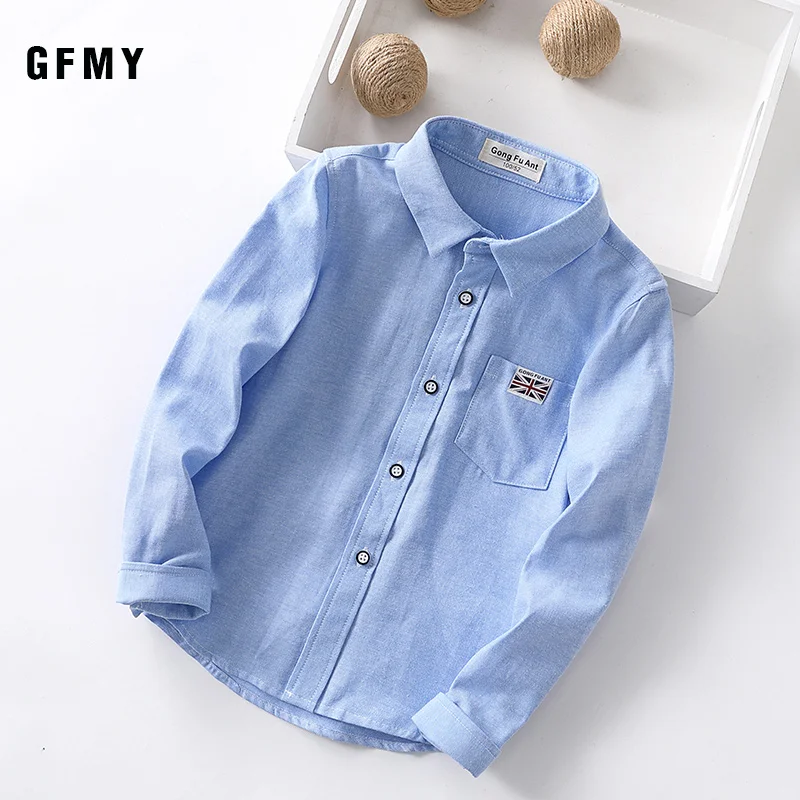 New Spring Autumn Oxford Textile Full Sleeve Solid Color Boys White Shirt 3T-14T Kid Casual School Clothes 801