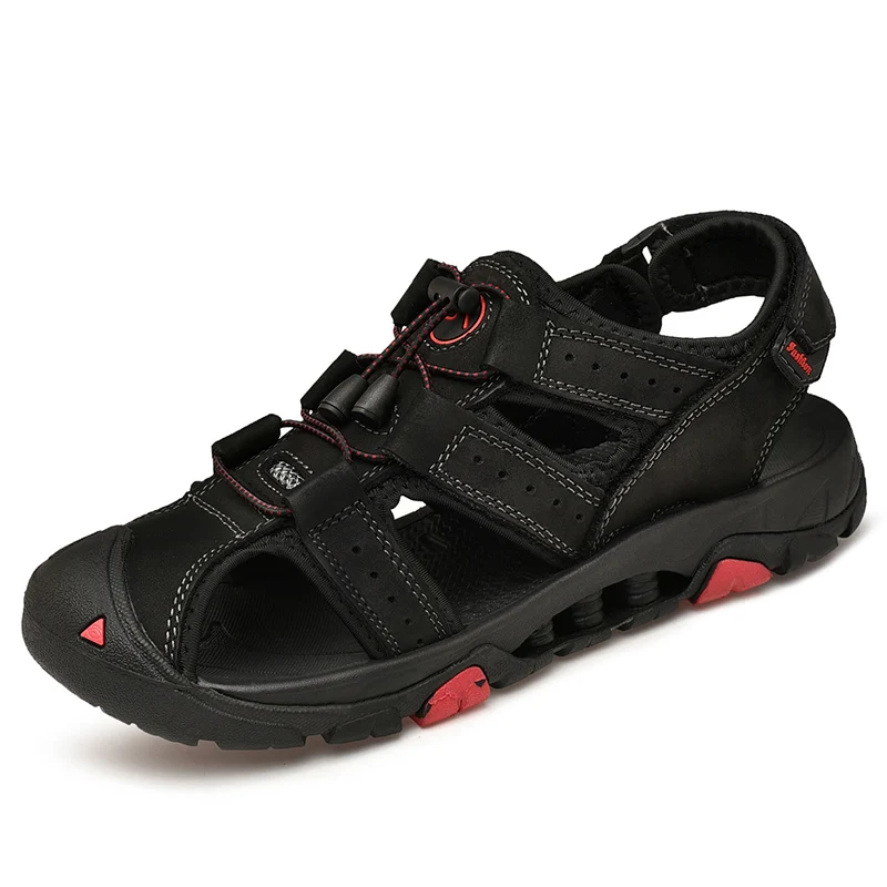 

Genuine Leather Sandals Men Fashion Breathable Rubber Sole Hook&Loop Flat Casual Beach Sandals Fisherman Shoes Large Size 38-46