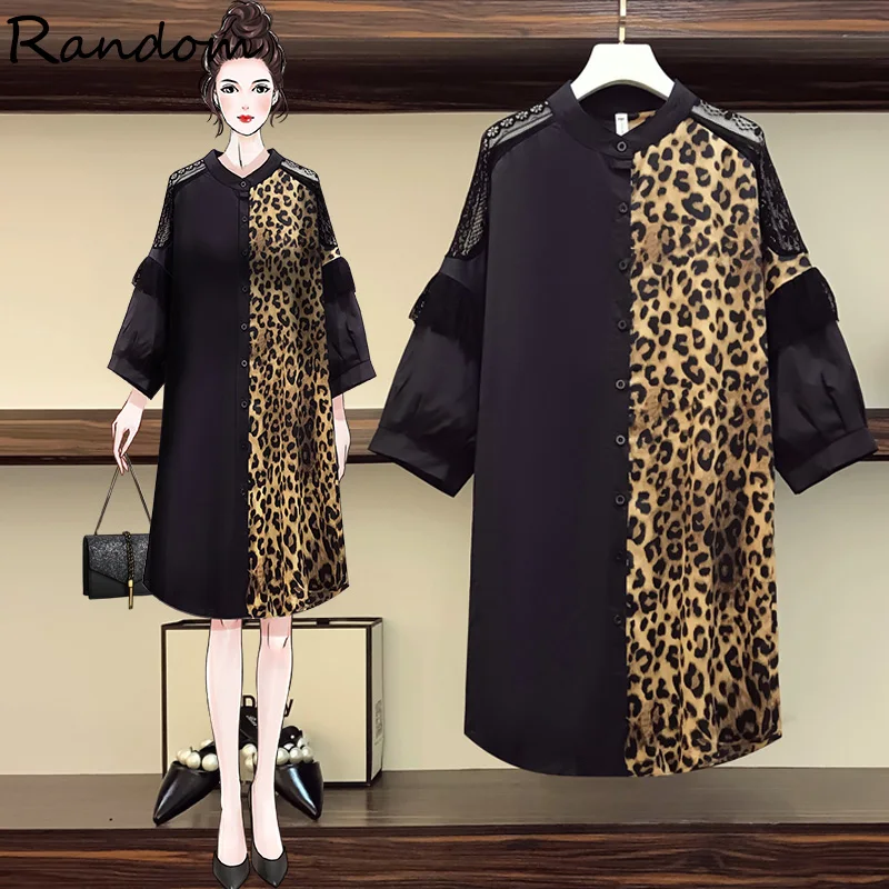 Plus Size 2021 Summer Leopard Print Black Patchwork Shirt Dress Women Single-breasted Loose Oversize Dresses Big Lace Clothing | Женская
