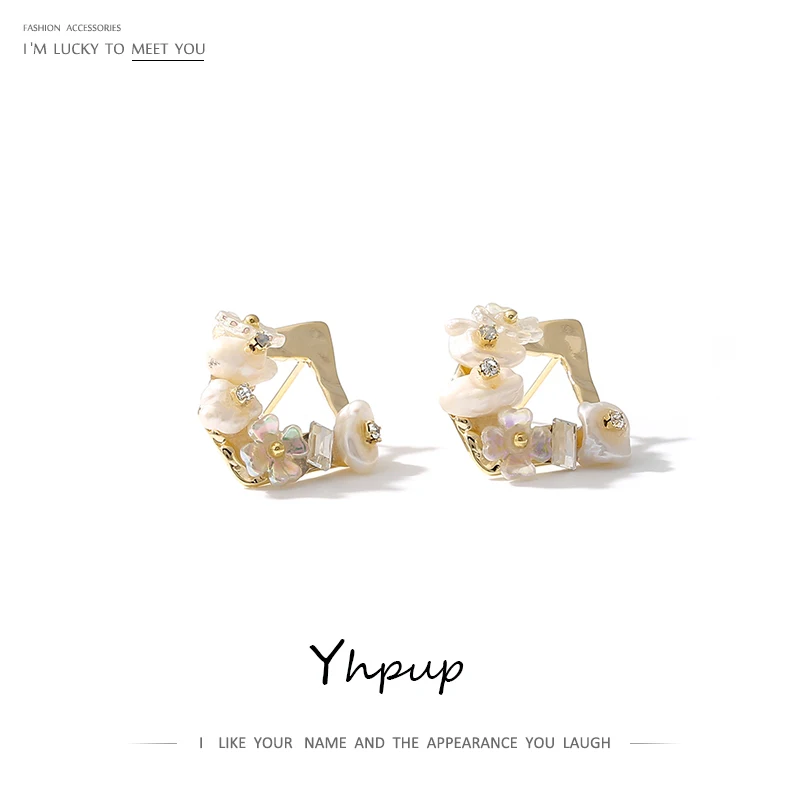 Yhpup серьги-гвоздики с натуральным жемчугом, изысканные элегантные серьги-стразы в виде цветка из натуральной раковины для женщин, ювелирные изделия для свадебной вечеринки