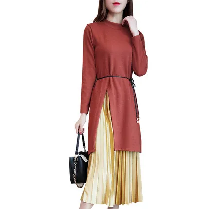 

Autumn Spring 2020 Fashion New Large Size 4XL Two Pieces Knitted Dress Women Pleated Long Dress suit Female Top LX1473