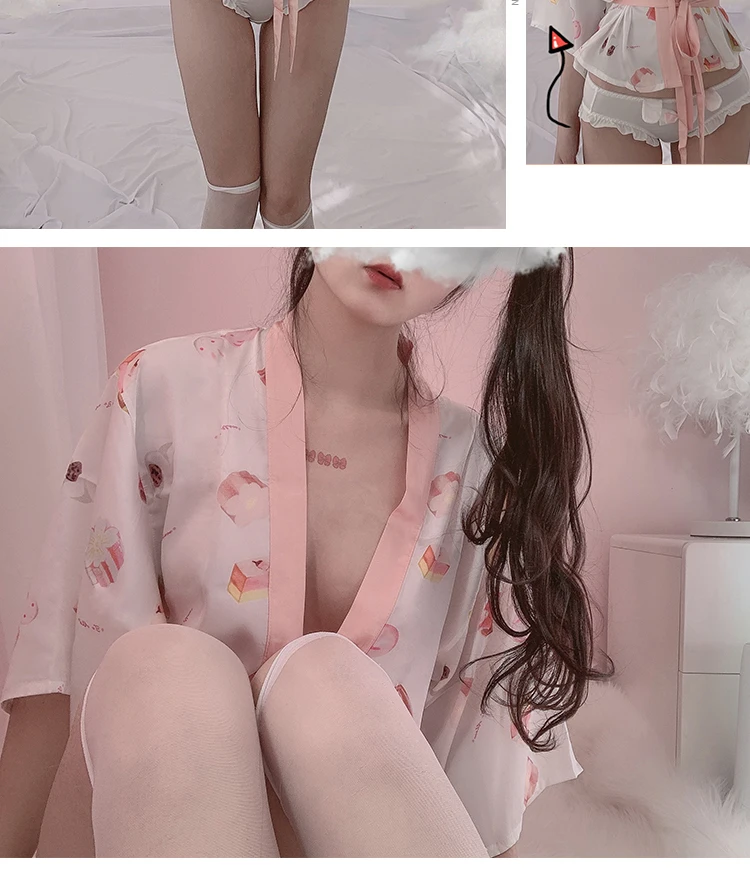 Милые белые фрукты кимоно халат японский мягкий спальный платье Нижнее белье Ролевые женские Экзотические костюмы Mujer Пижама сексуальный короткий халат