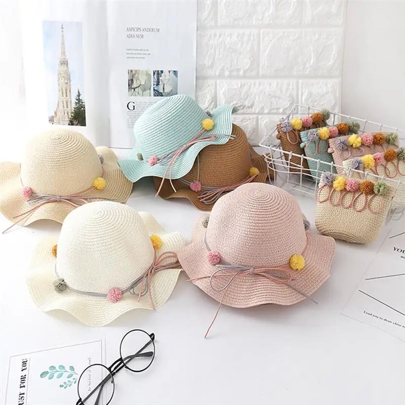 Infant Baby Kids Hat Girls Fashion Wave Straw Cap Sun Protection Children Cool Cute Cap Summer Beach Baby Storage Bag 4 Colors