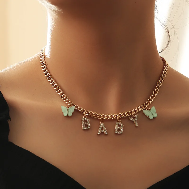 

New 2021 Butterfly Choker Necklace for Women Girls BABY HONEY ANGEL Crystal Letters Collar Necklace Trendy New Jewelry Gifts
