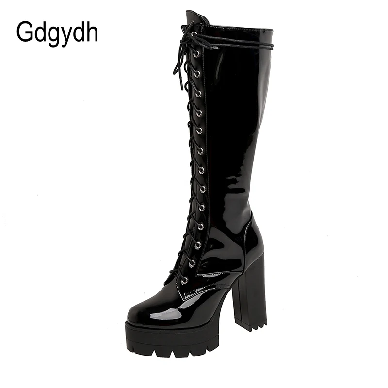 Gdgydh Patent Leather White Knee High Boots Lace Up Ladies Platform Boots High Heels Fashion Nightclub Patry Shoes Wholesale