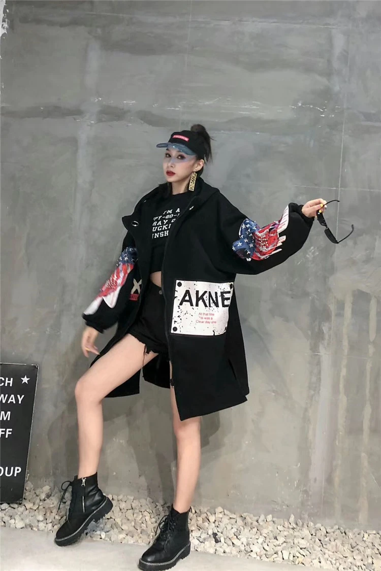Plus velvet thick loose sweater women's long section tide brand patch printing personality hooded jacket autumn and winter