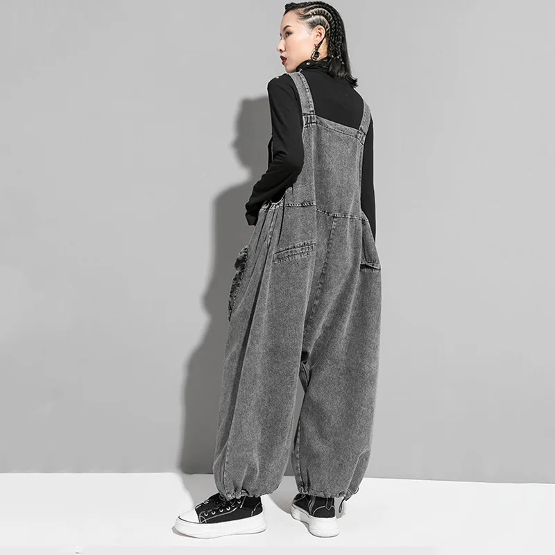 [EAM] High Waist Black Pocket Split Denim Overalls Trousers New Loose Fit Pants Women Fashion Tide Spring Autumn 1K164