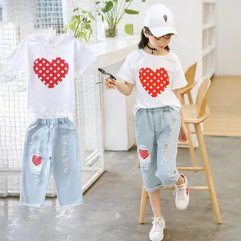 

Kids Summer Clothes Set for Girl White T Shirt And Ripped Jeans Children Outfits 6 8 10 12 Years Girls Clothing Suits