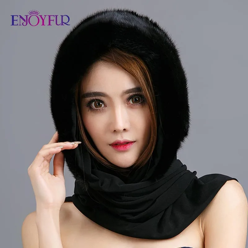

ENJOYFUR Natural Real Mink Fur Hat Scarf Elegant Warm Winter Hats For Women Classical Russian Style Quality Fur Female Beanies