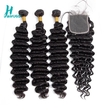 

HairUGo Peruvian Hair Deep Wave Weave Bundles With Closure 100% Non Remy Human Hair Bundles With Closure Double Weft Hair