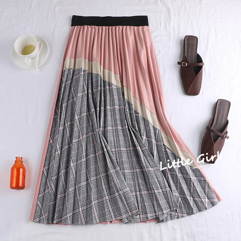Autumn& Winter New Arrival Mid Length Plaid Skirt Vintage Women's Pleated Skirt Korean Version Skirt Free Shipping - Цвет: Розовый