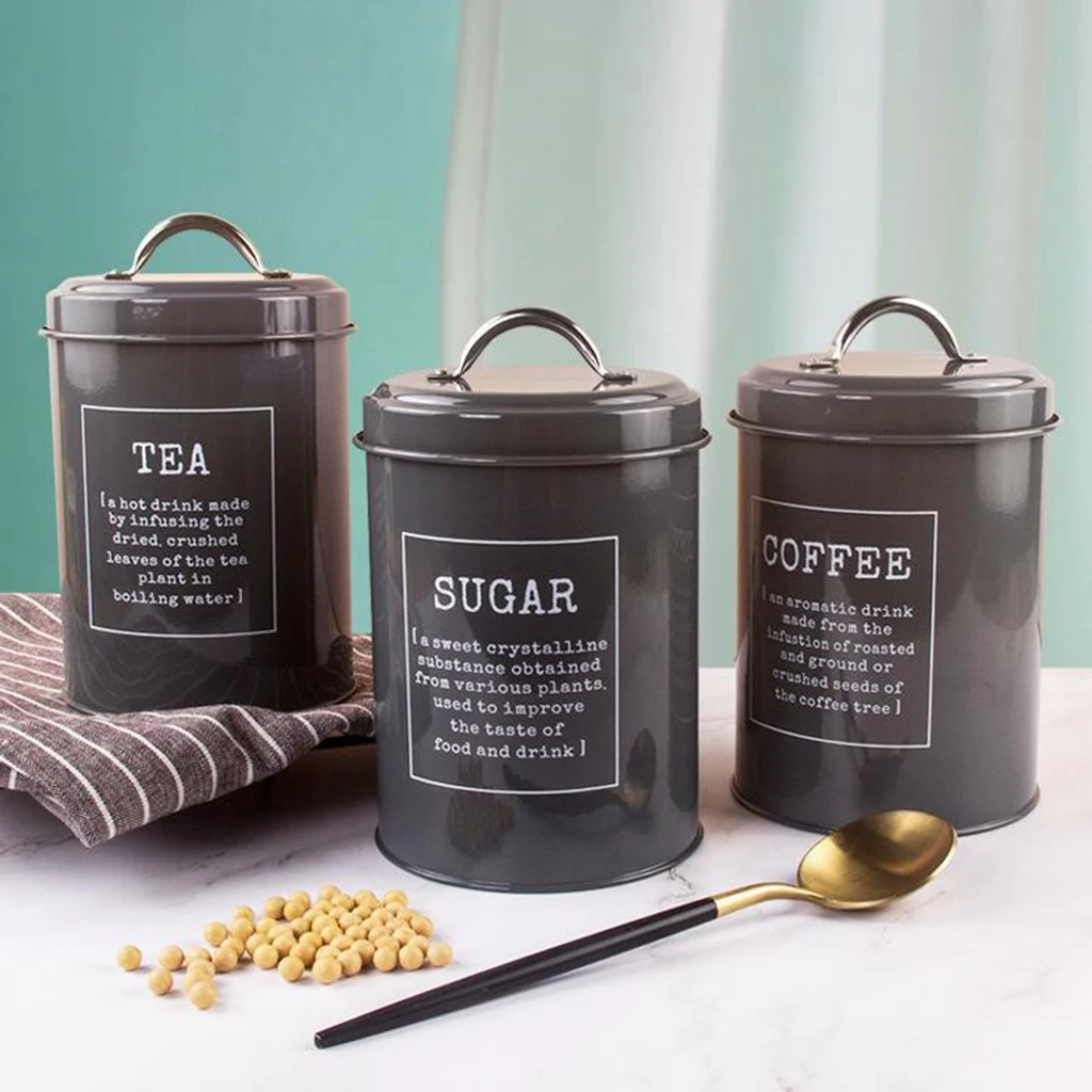 S/3 White Black Metal Tea Coffee Sugar Kitchen Storage Holder Canister Jar Tins 
