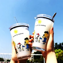 1 шт. мультфильм Snoopy милый стеклянный стакан пива кофе ручной работы здоровый напиток кружка чай кружки прозрачный напиток посуда крышка ложка соломинка