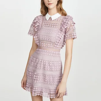 

Sweet Women PInk Dress 2020 Summer Fashion Peter Pan Collar Short Sleeve Lace Knee-length Dress Party Night Christmas Dress