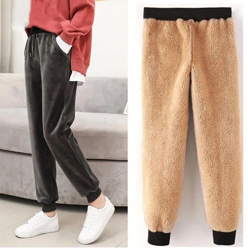 Women Pant Winter Thick Lambskin Cashmere Pants Warm Female Casual Pants Loose Harlan Pants Lined Fleece Trousers Sweatpants - Цвет: Серый