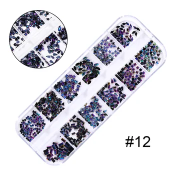 

12 Grids/Box Purple 3D Nail Rhinestones Mixed Patterns Nail Tips Water Droplets Stones For UV Gel DIY Nail Decoration