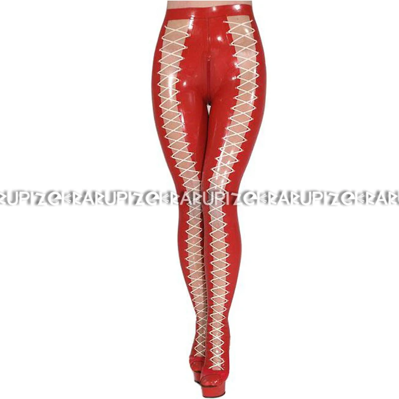 

Red And Transparent Latex Leggings With Feet And Lacing At Front Crotch Zipper Rubber Pants Jeans Trousers Bottoms CK-0084