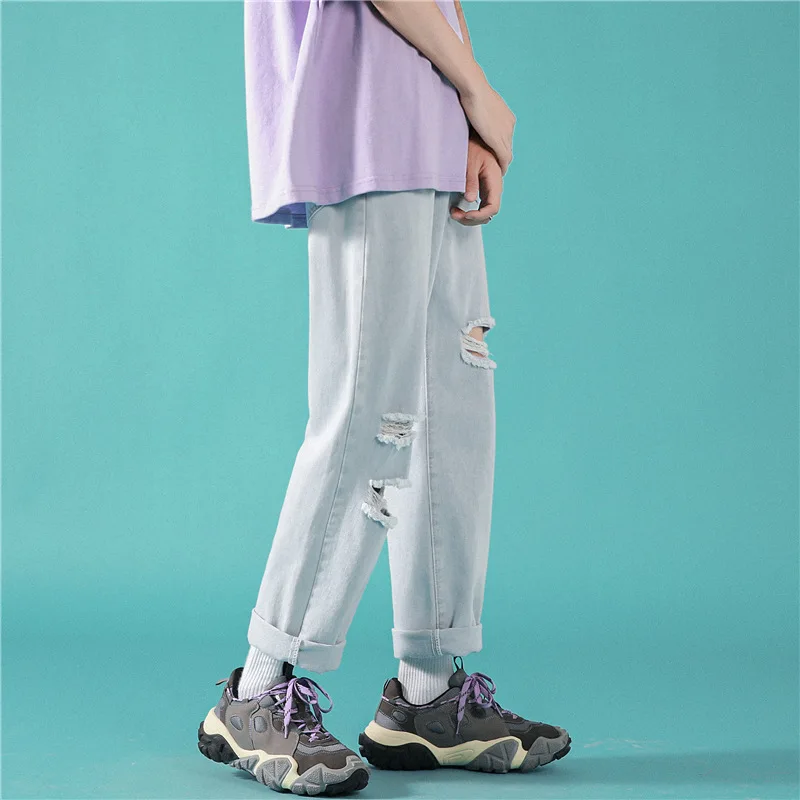 ICCLEK Fall Hiphop Jeans Hip Hop Ripped Jeans Men's Straight Pants Distressed Jeans  Patchwork Jeans  Men Clothing