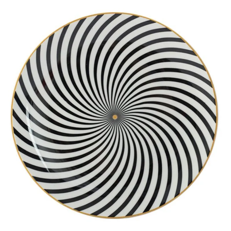 Round Plate With Gold Inlay Dish Serving Plates Dessert Tableware Geometric Pattern Dinner Service Western Kitchen Steak Tray