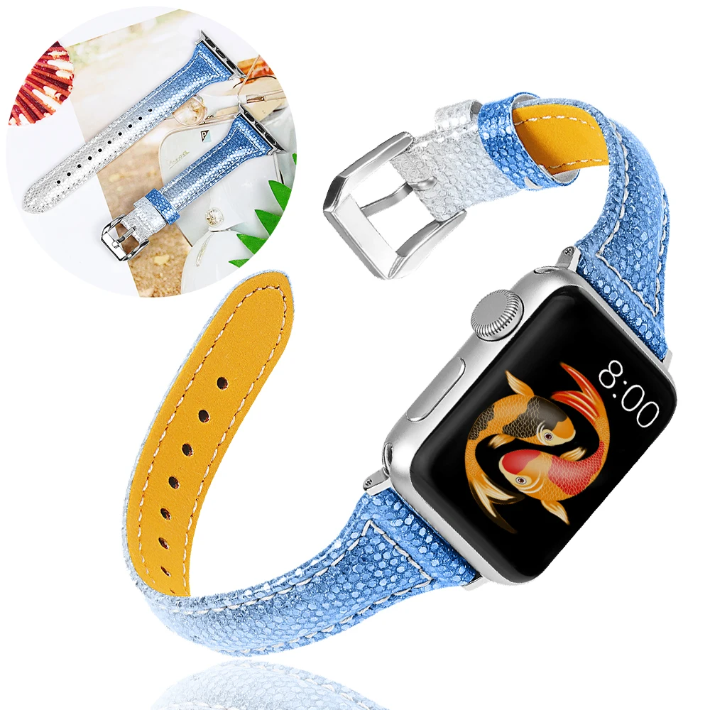 Градиентный цвет рыбьей чешуи шаблон ремешок для Apple Watch 5 4 3 ремешок 44 мм 40 мм 42 мм 38 мм кожаный сменный ремешок для iWatch