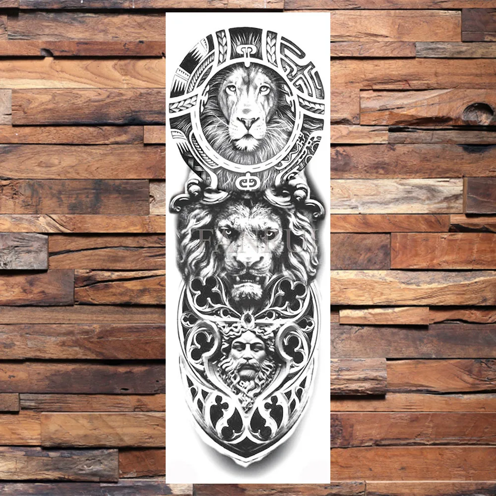 Lion King Wolf Temporary Tattoos Realistic Fake Full Arm Skull Robot Clock Tatoos Sticker For Women Men Sleeve DIY Tatoos Paste