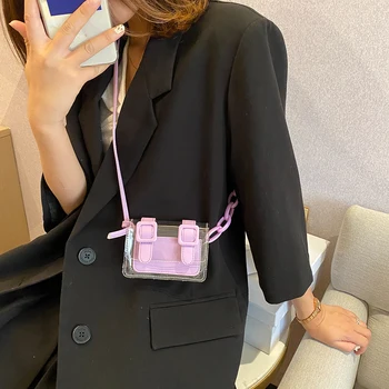 

Fashion Exquisite Shopping Bag Portable Women Small Shoulder Handbags Clear PVC PU Splicing Chain Money Bags