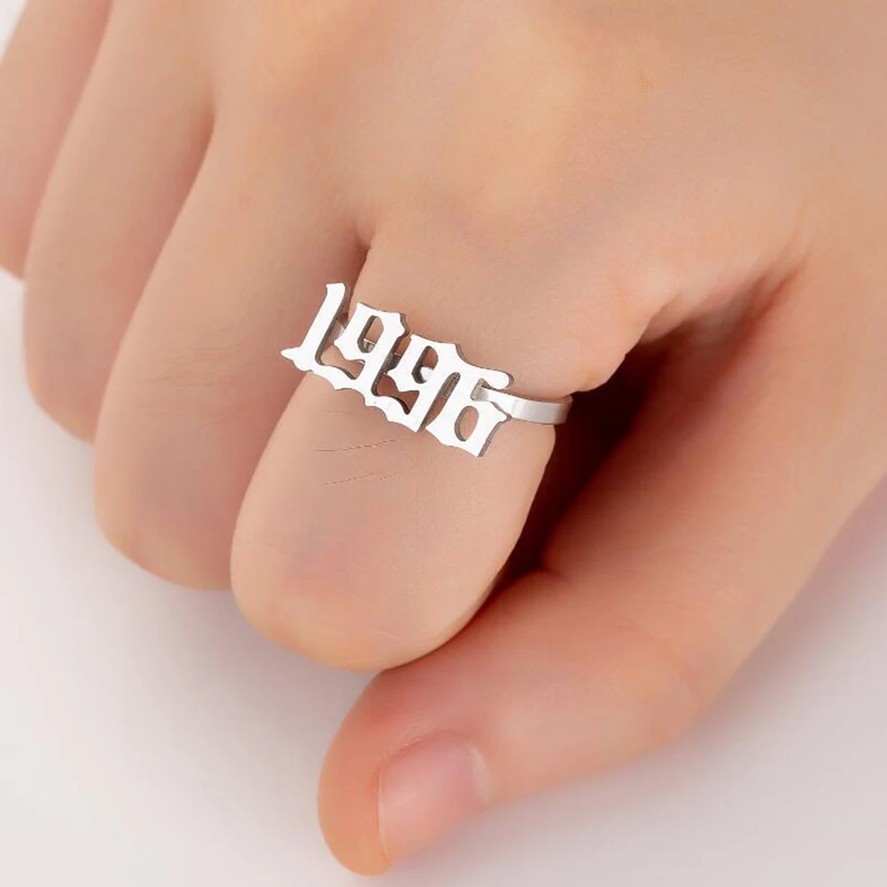 

Fashion Stainless Steel Women Men Birthday Open Finger Number Ring Gift Gold Silver Jewelry Personalized Year Ring Wedding
