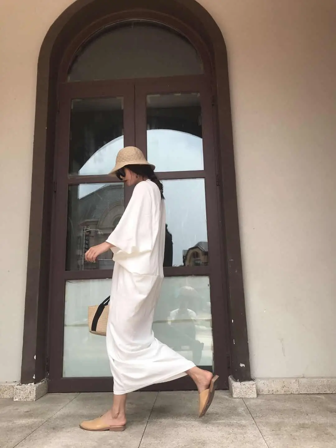 Fashion Tide New Pattern New Pattern V-neck Three Quarter Batwing Sleeve Ankle-length Fold Lady Fashion Oversize Dress BA771 - Цвет: white dress