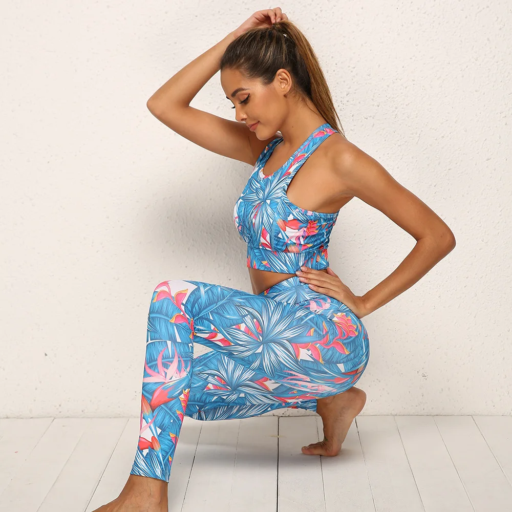 Женский комплект для йоги с цветочным принтом спортивная одежда спортзала