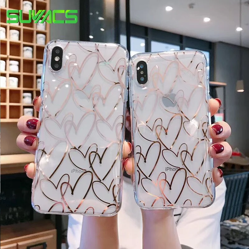

SUYACS Electroplated Love Heart Clear Phone Case For iPhone XR X XS Max 6 6S 7 8 Plus Ultra-thin Soft TPU Phone Back Cover Cases